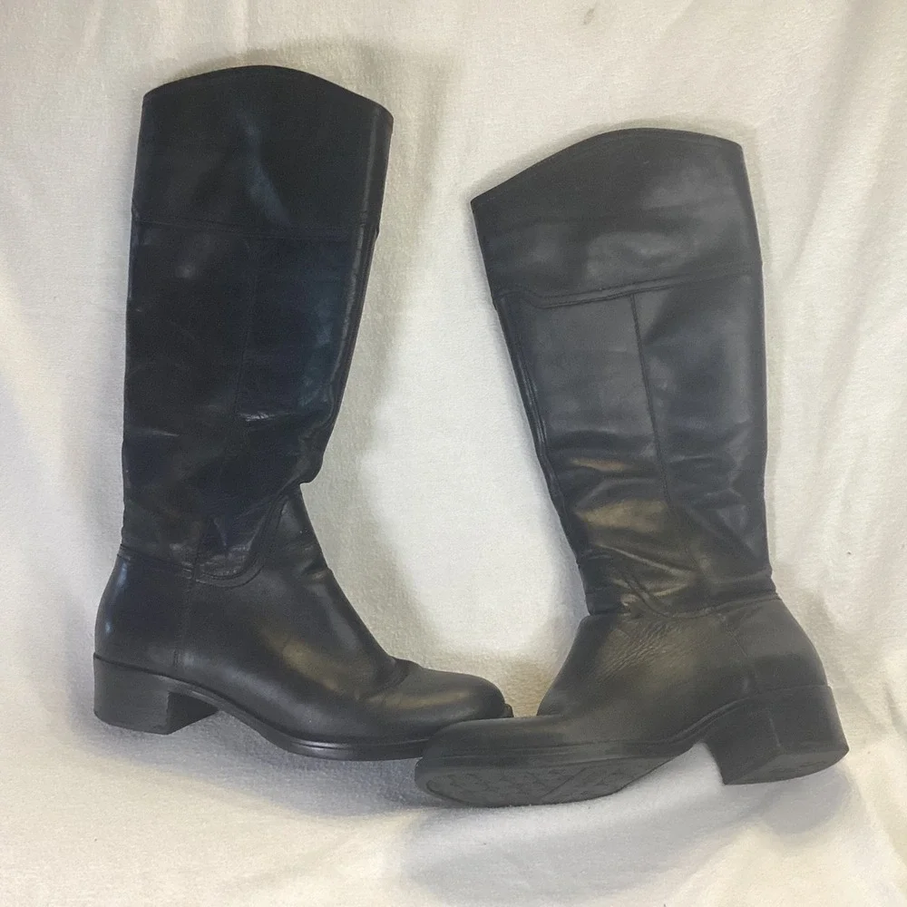 Franco Sarto Cissy Black Leather Knee High Riding Boots Womens 10M Block Heel